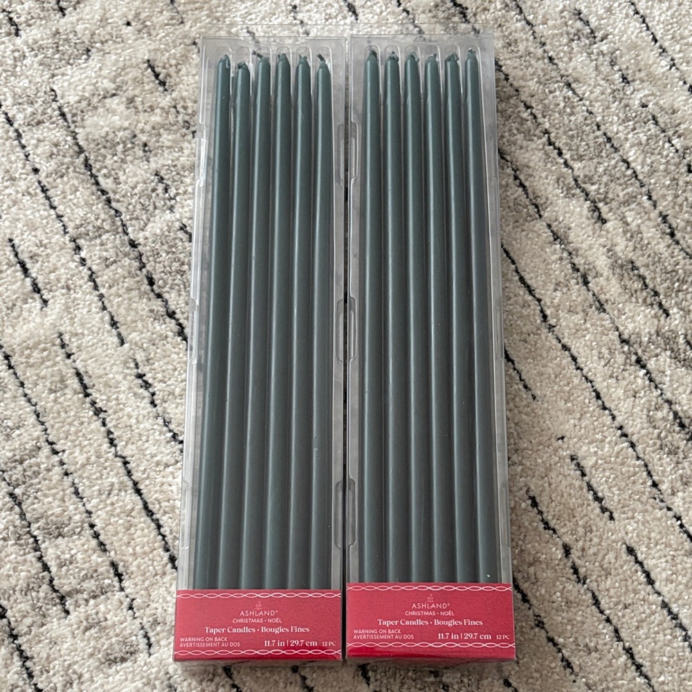 Lot of 2 Unscented Ashland Green Christmas Holiday Taper Candles - 12 per Box